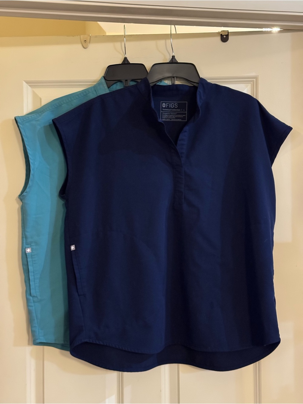 Figs Technical Collection (2) Navy & Teal V-Neck Short Sleeve Scrub Tops
